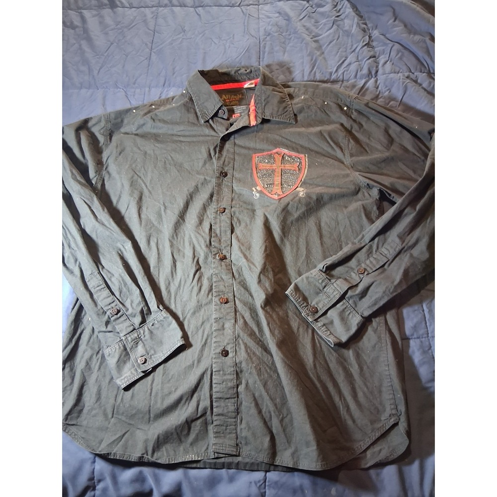 Attitude‎ Gold Shirt Mens 2XL Long Sleeve  Button Black Crest Shield Lion Y2K